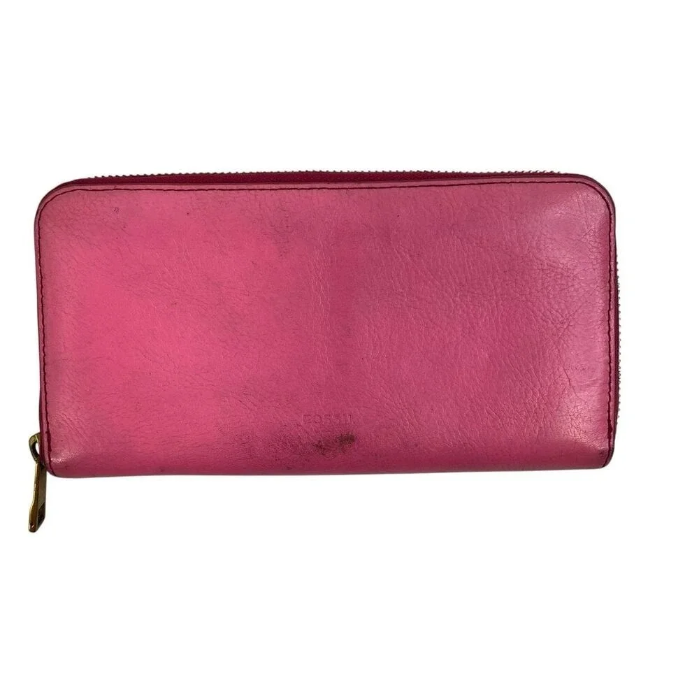 Fossil Pink Pebbled Leather Zip Around Wallet‎ Pockets Card Slots Pocketbook